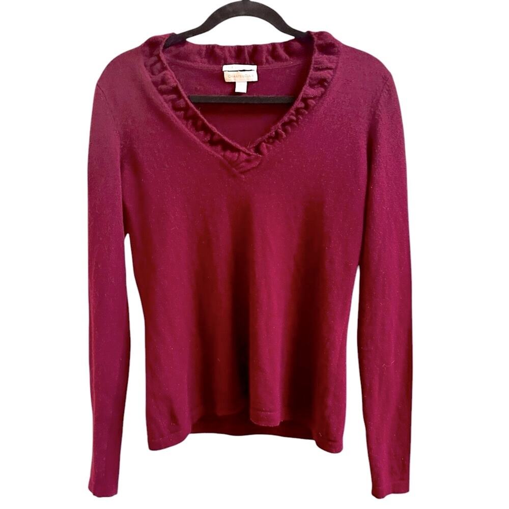 2-Ply 100% Cashmere Sweater Ruffled V-Neck Berry, size S